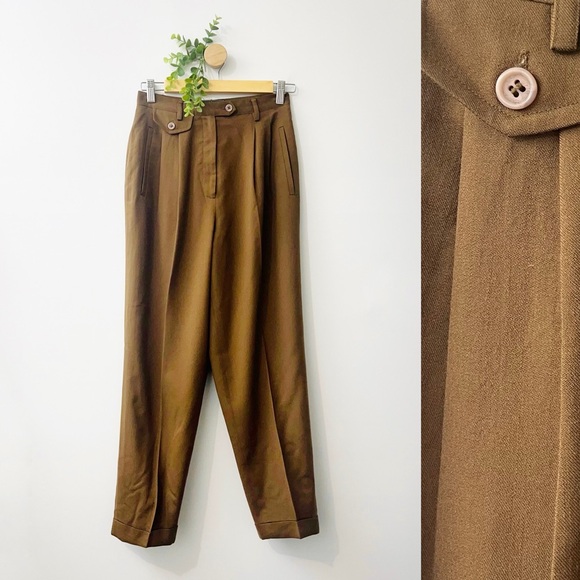 Vintage Embassy Row Pure Wool Dark Academia Pleated Brown Cuffed Trouser - Picture 1 of 10